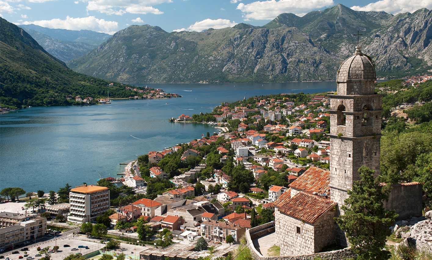 View of Our Lady of Health church and Kotor Bay in Kotor, Montenegro.